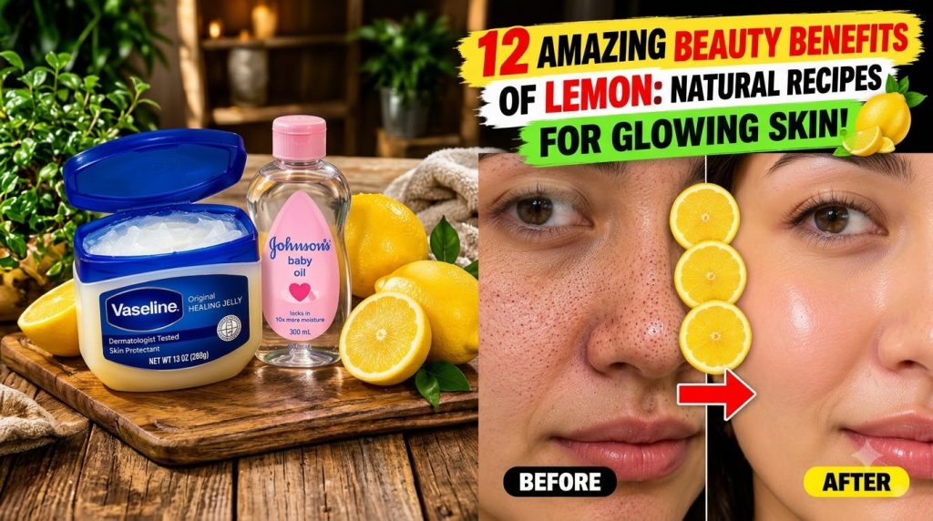 A vertical composite image showing skincare products like Vaseline and baby oil fresh lemons and green foliage at the to