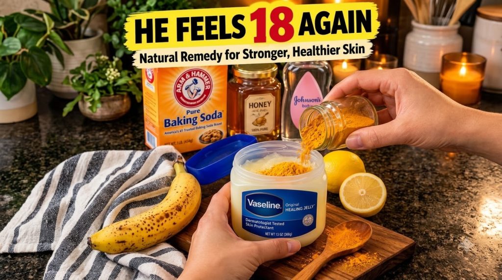 A close-up of a hand pouring bright yellow turmeric powder into a small tub of Vaseline with other natural ingredients l
