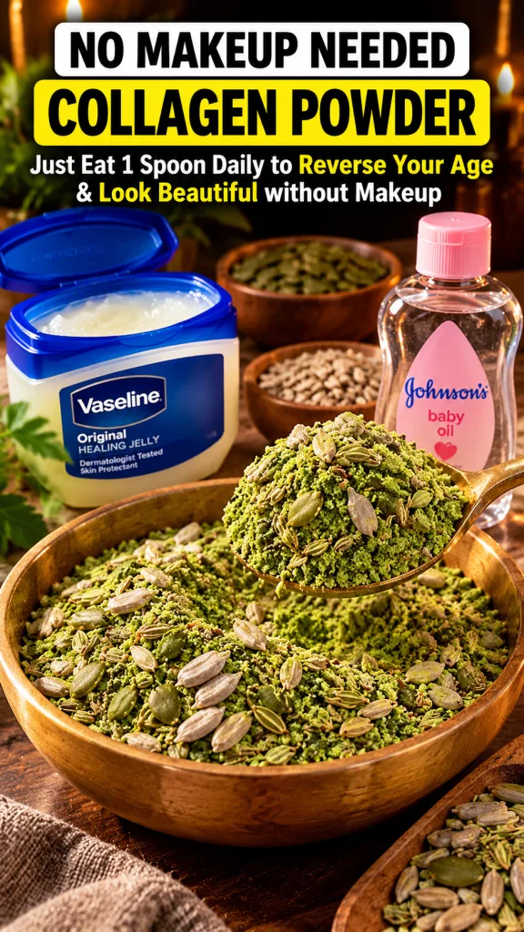 A golden spoon overflowing with a green powder mixture containing various seeds pumpkin fennel sunflower positioned abov