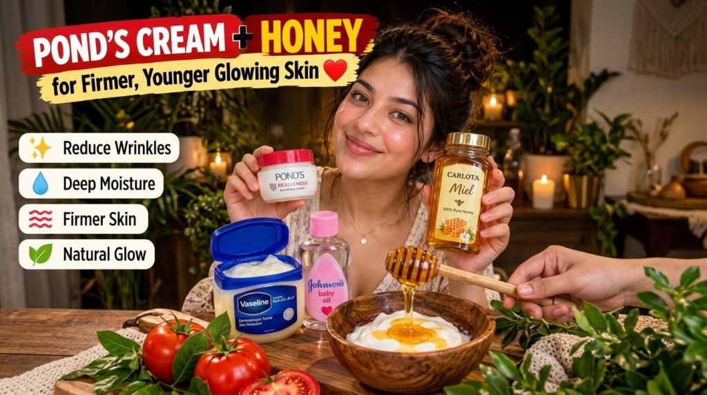 A smiling woman holding a jar of Pond s Rejuveness cream and a bottle of honey with various natural skincare ingredients