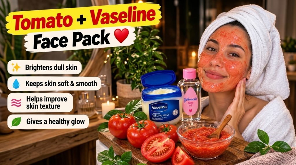 A woman smiling with a tomato face mask and a white towel on her head with ingredients like fresh tomatoes Vaseline and 