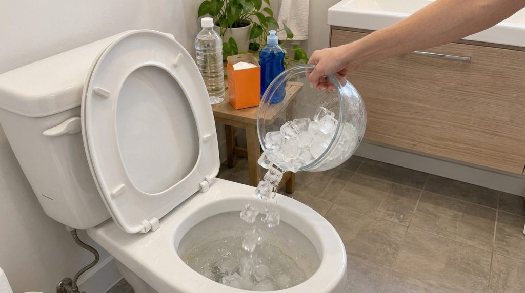 A hand pouring a stream of ice cubes from a clear glass bowl into an open toilet bowl which contains a small amount of w
