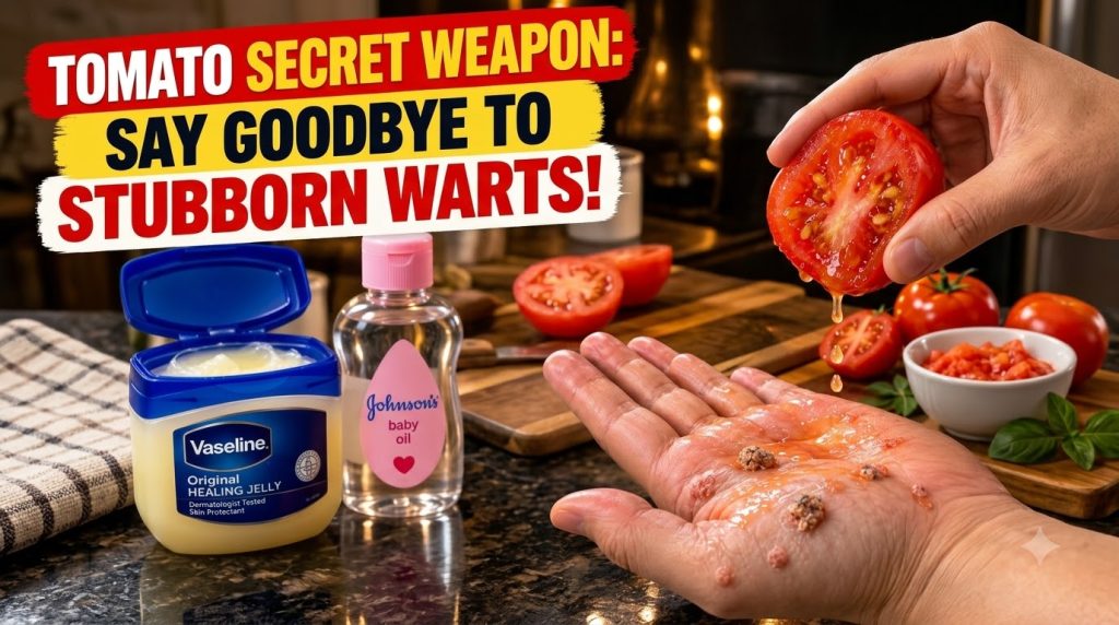 A person s palm showing warts with tomato juice dripping onto it from a half-cut tomato held above In the mid-ground a j