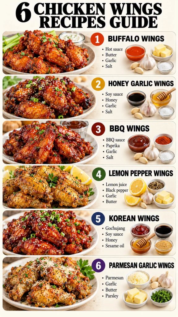 An overhead shot of a vibrant platter showcasing six different types of chicken wings each in its own distinct section o