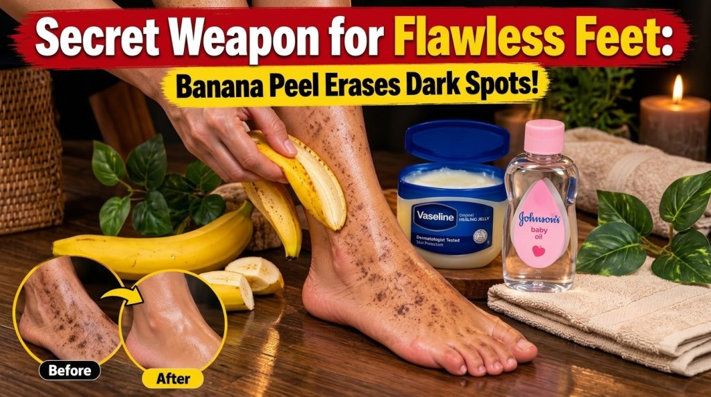 A person gently rubbing the inside of a banana peel on dark spots on their leg or foot with beauty products in the soft-