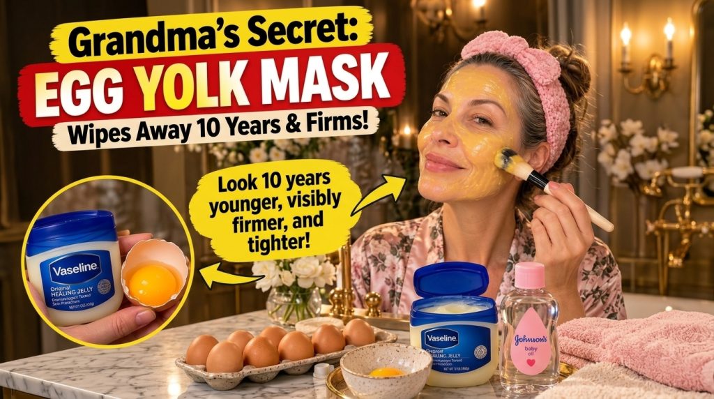 A woman applying a yellow egg yolk face mask to her cheek with a brush smiling subtly In the foreground Vaseline Healing