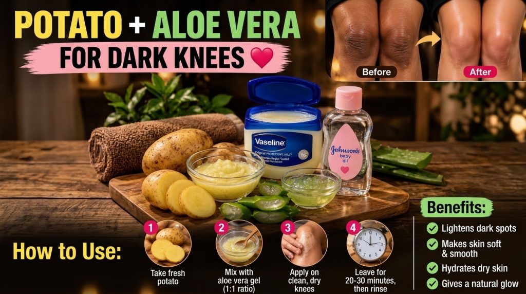 An infographic detailing a natural remedy for dark knees showing before and after knees natural ingredients like potatoe