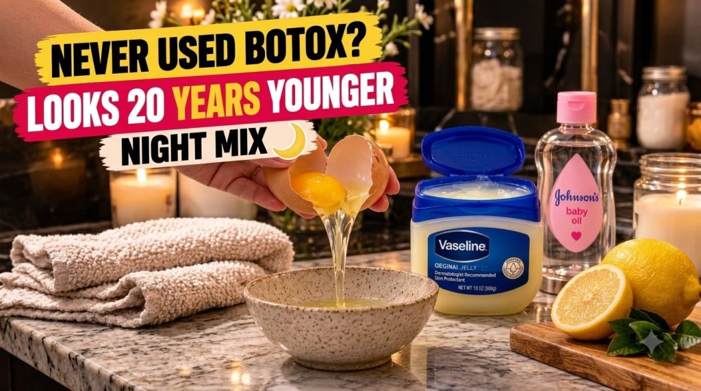 A hand cracking an egg into a ceramic bowl surrounded by fresh lemons an open tub of Vaseline and a bottle of baby oil o