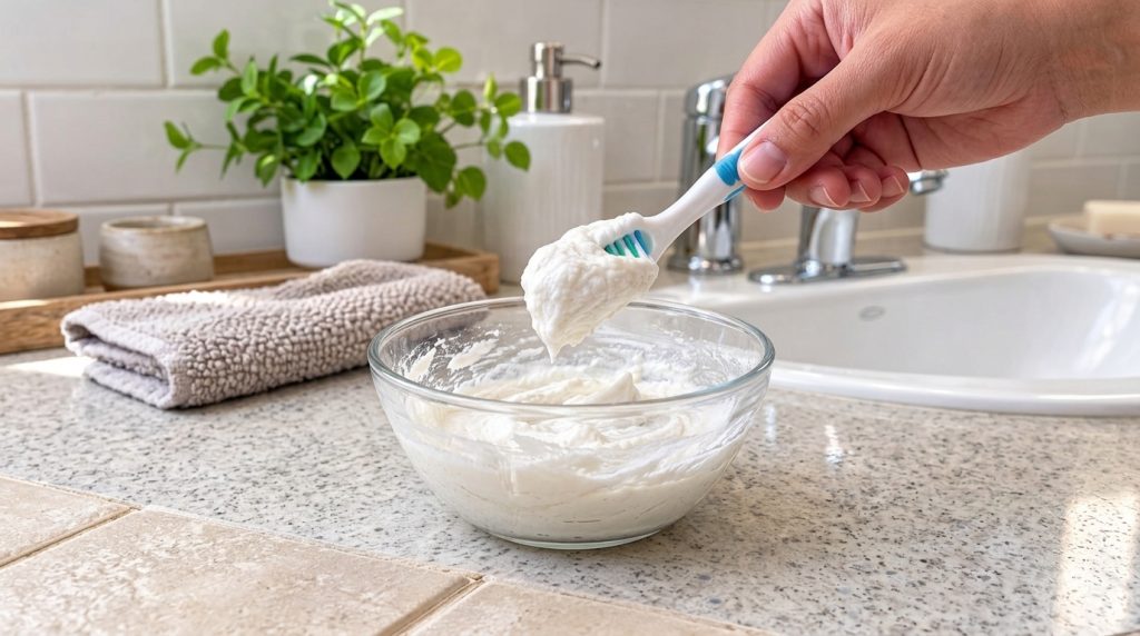 A hand holding an old toothbrush with a dollop of white creamy homemade cleaning paste positioned above a glass bowl fil