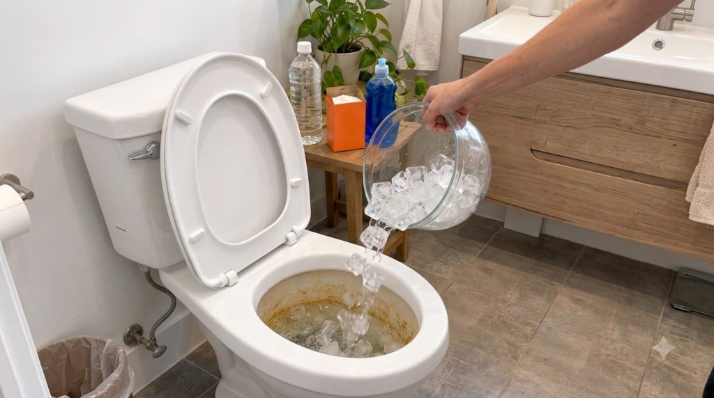 A hand pouring ice cubes from a clear bowl into a toilet bowl with visible stains Cleaning supplies are in the backgroun