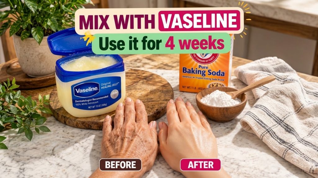 A BEFORE hand showing aged skin and dark spots next to an AFTER hand with visibly smoother lighter skin In the backgroun
