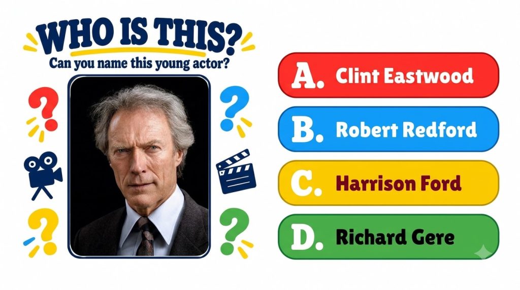 A vintage portrait of a young Clint Eastwood in a suit set within a quiz graphic featuring question marks a film camera 