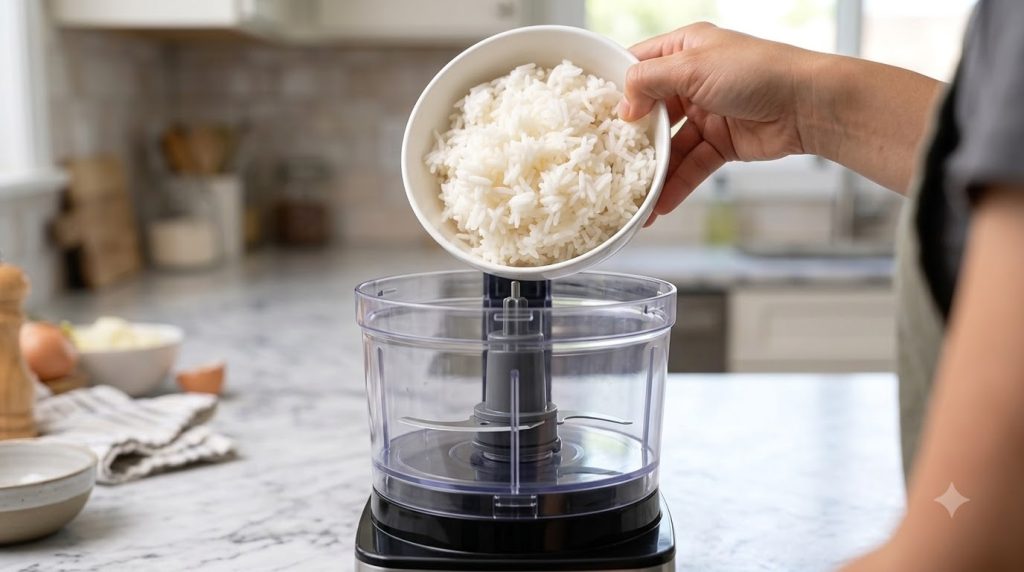 A top-down view of a hand holding a white bowl filled with fluffy cooked white rice The bowl is positioned directly over