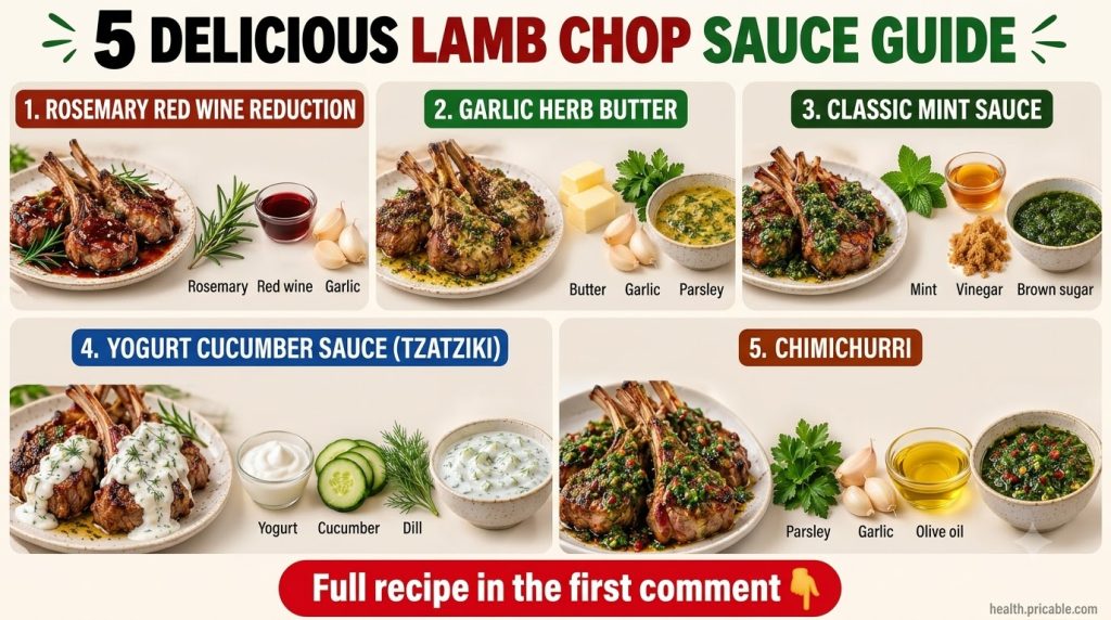 Five distinct sauces for lamb chops each in a small bowl next to a plate of perfectly cooked lamb chops arranged vertica