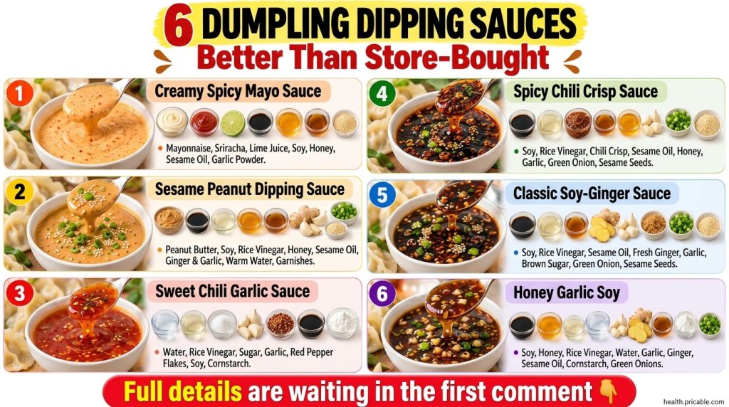 A small white ceramic bowl filled with a light brown soy-ginger dipping sauce A spoon is gently dipped into the sauce Fr