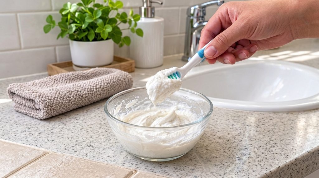 A hand holding a toothbrush scooping a thick white creamy cleaning paste from a clear glass bowl on a bathroom counter I