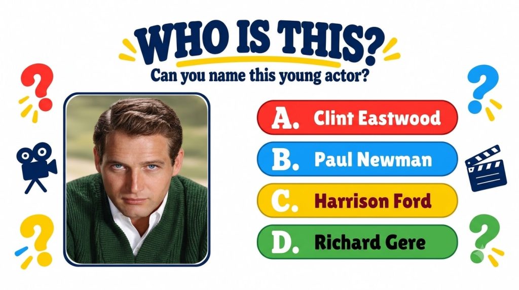A quiz layout featuring a classic portrait of a young Paul Newman with piercing blue eyes surrounded by colorful questio
