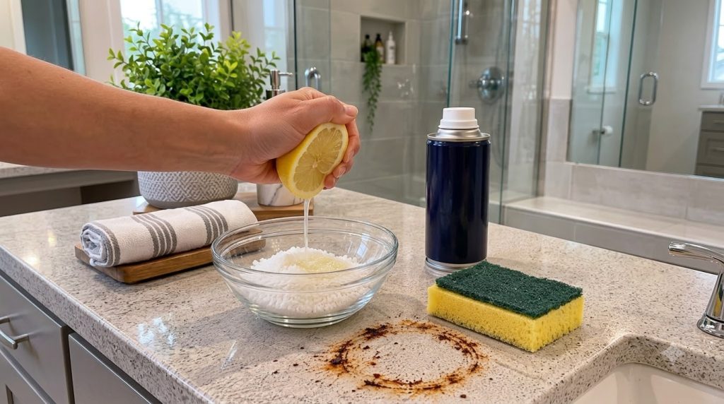 A hand squeezing a lemon half with juice dripping into a glass bowl containing white granular baking soda forming a past