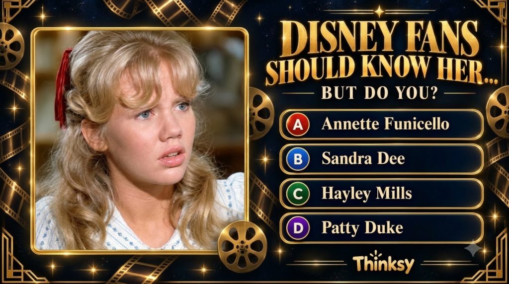 A young blonde woman with blue eyes and a red ribbon in her hair looking thoughtful She is framed by an elegant golden A