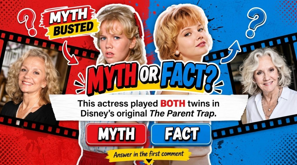 A Myth or Fact quiz graphic featuring four portraits of women including younger and older versions of Hayley Mills with 