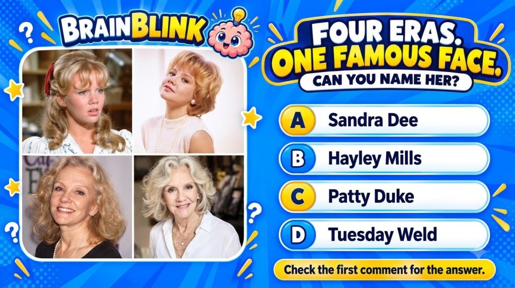 A quiz graphic titled BrainBlink showing a 2x2 grid of four portraits of Hayley Mills at different ages with One Famous 