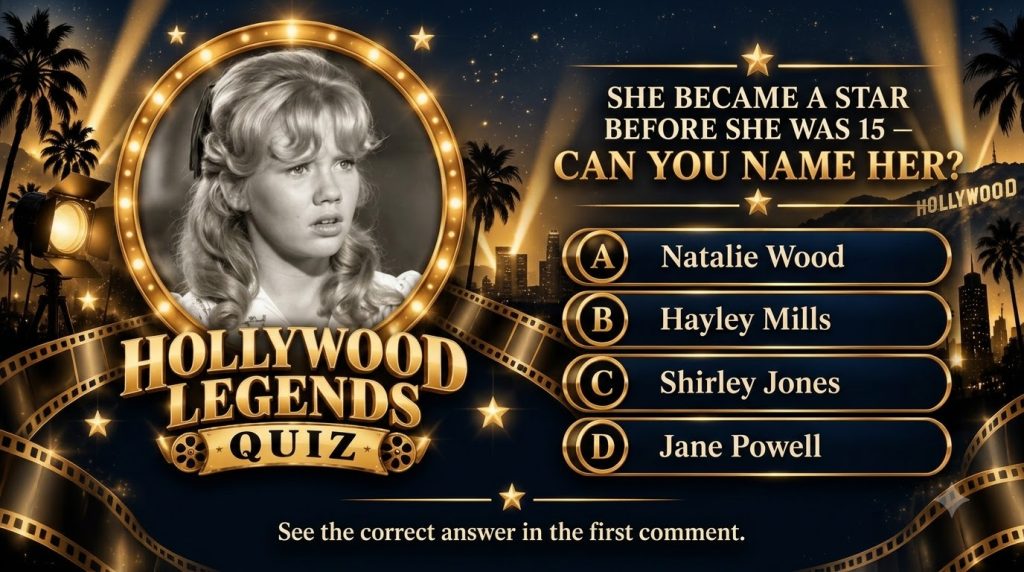 A black-and-white portrait of a young Hayley Mills framed in a golden bulb-lit circle set against a dark starry sky with