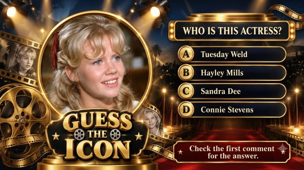 A vertical quiz graphic titled Guess The Icon Who is this actress featuring a smiling blonde woman Hayley Mills in a gol