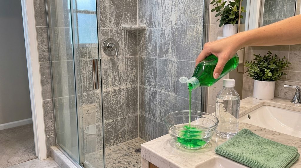 A hand pouring green dish soap from a bottle into a clear glass bowl containing water representing the initial step of m