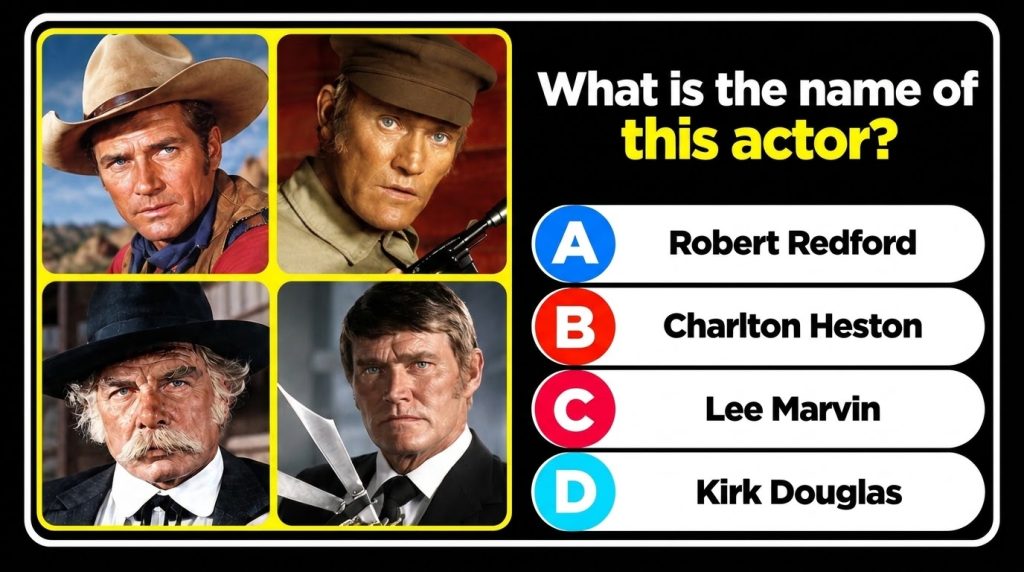A 2x2 grid of four distinct headshots of actor Lee Marvin each portraying a different character or era with the question