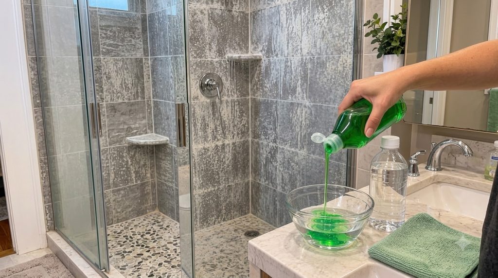 A close-up of a hand pouring vibrant green dish soap from a bottle into a clear glass bowl filled with water on a bathro