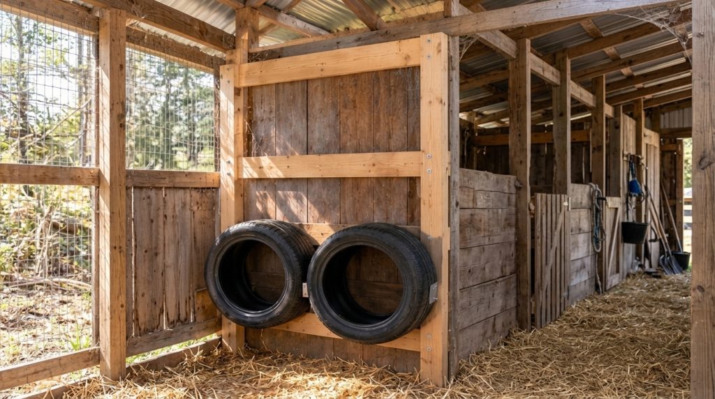 A vibrant multi-level chicken nesting wall made from repurposed and brightly painted tires inside a clean chicken coop