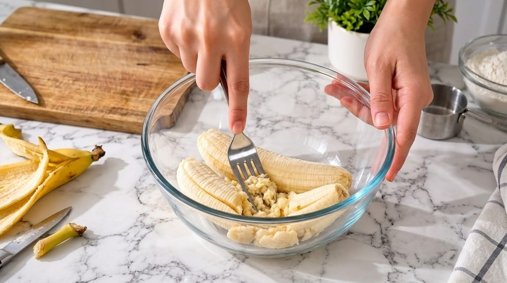 Hands mashing ripe bananas in a clear glass bowl on a white marble counter