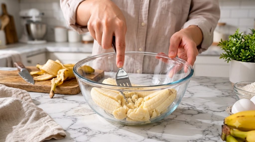 Hands mashing peeled bananas in a clear glass bowl on a marble countertop with a metal fork
