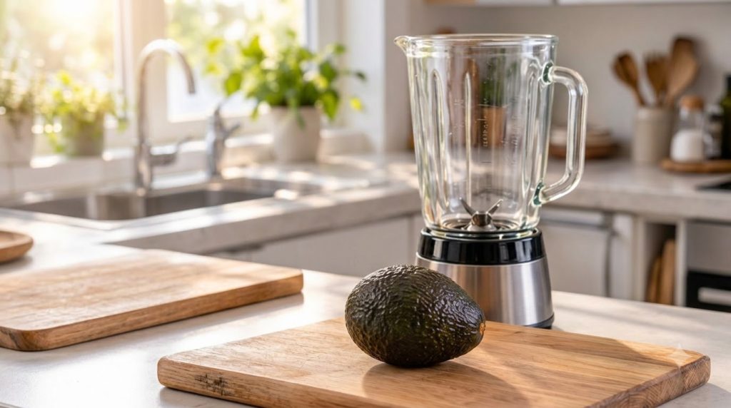 A clear glass filled with creamy light green avocado dessert garnished with a fresh lime slice and a small mint sprig ag