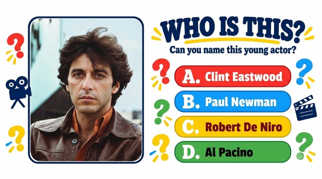 A quiz image asking WHO IS THIS Can you name this young actor with a portrait of a young Al Pacino in a brown leather ja