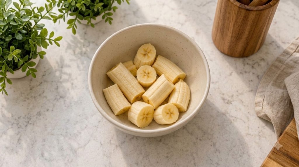 A vibrant warm banana berry microwave bake in a small rustic ceramic bowl topped with a few fresh berries and a sprinkle