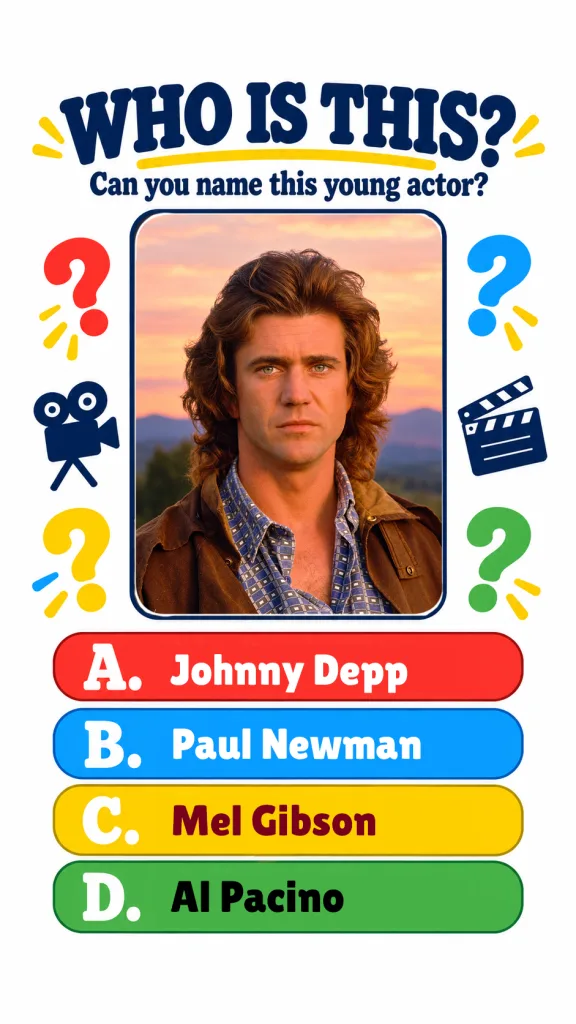 A quiz image featuring a central portrait of a young Mel Gibson with long wavy hair wearing a plaid shirt and brown jack