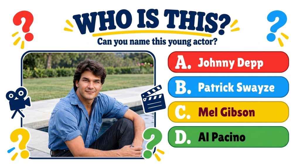 Quiz graphic asking to identify a young actor featuring a portrait of Patrick Swayze with multiple-choice options below