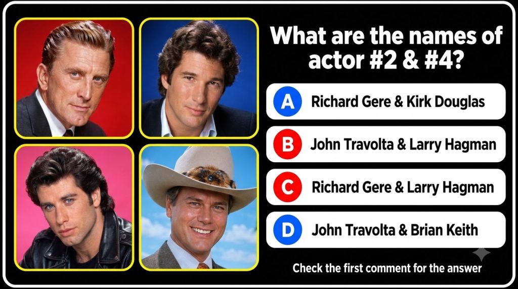 A quiz card featuring a 2x2 grid of four classic male celebrity portraits with rounded yellow borders The celebrities ar