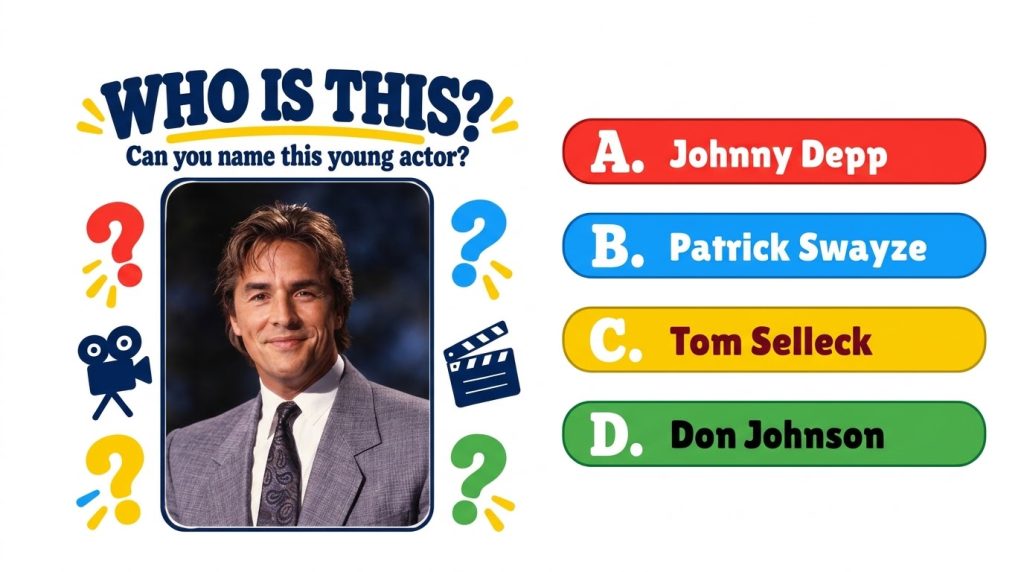 A retro-style quiz card with a portrait of a young Don Johnson asking WHO IS THIS with multiple-choice buttons below The
