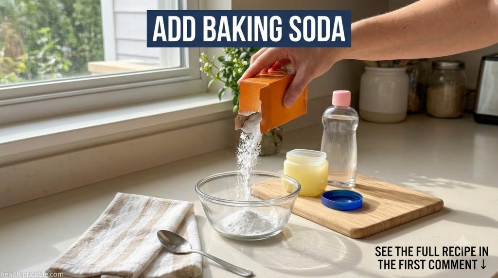 A hand pouring baking soda into a bowl with petroleum jelly and baby oil nearby on a wooden board as seen in the source 
