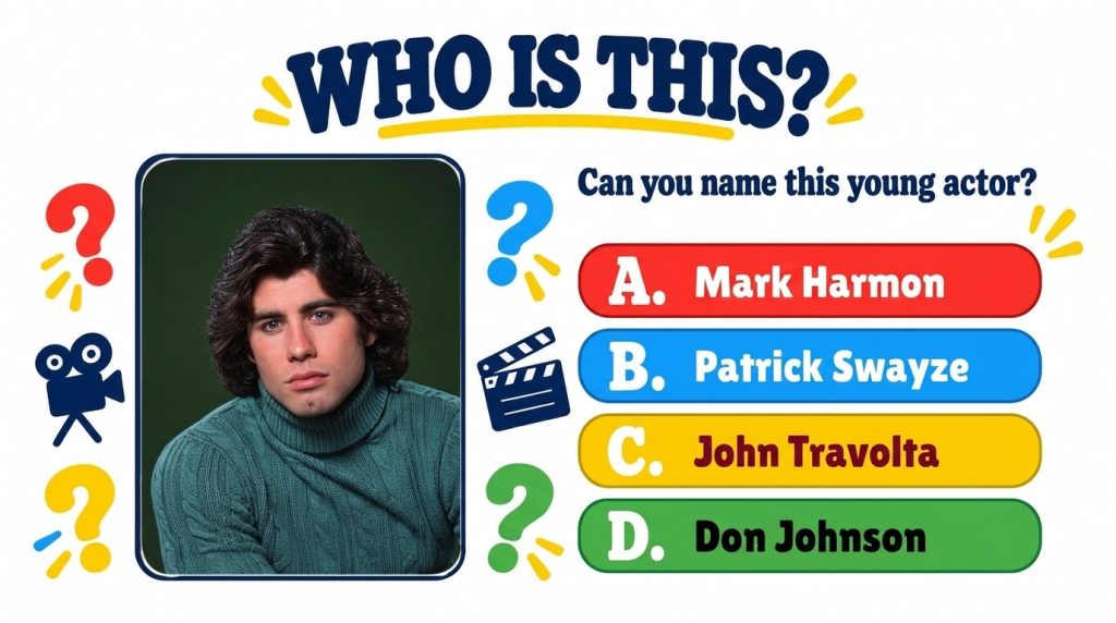 A retro-themed Who Is This quiz featuring a central framed portrait of a young John Travolta in a dark green turtleneck 