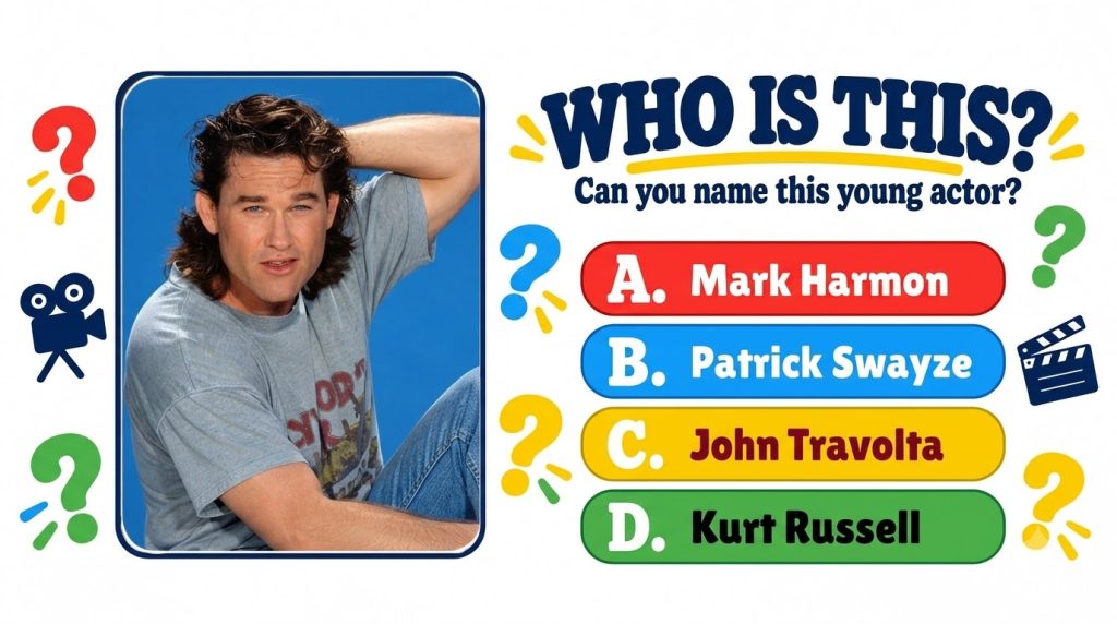 A quiz poster featuring a young Kurt Russell with curly hair and blue eyes wearing a grey t-shirt against a vibrant blue
