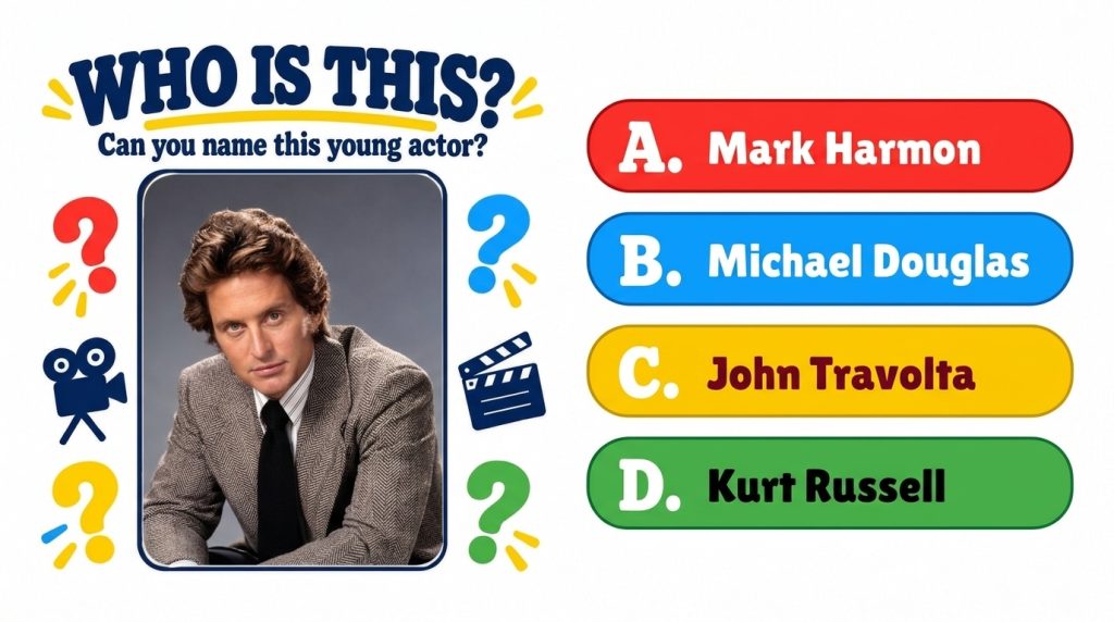 A vintage-style quiz poster asking WHO IS THIS with a headshot of a young Michael Douglas early 1970s wearing a tweed ja