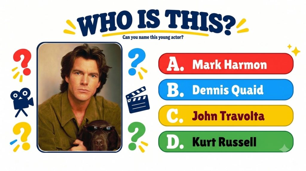 A brightly colored quiz graphic asking WHO IS THIS Can you name this young actor with a central headshot of a young Denn