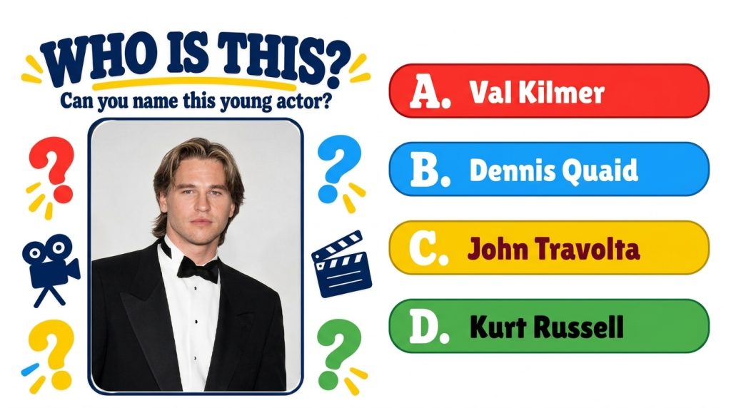 A Who Is This quiz graphic featuring a central headshot of a young Val Kilmer in a tuxedo surrounded by colorful questio