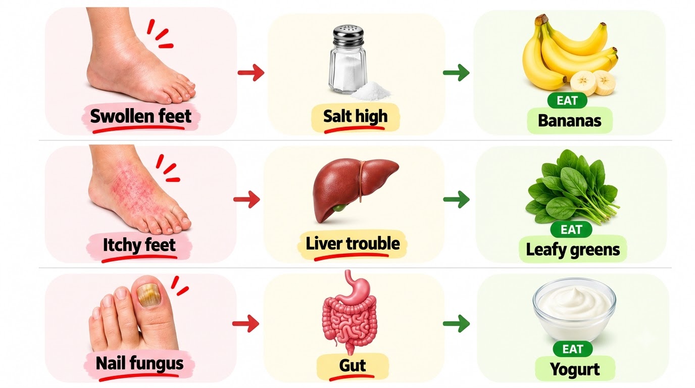 An educational infographic showcasing the connection between diet and common foot conditions displaying causes symptoms 