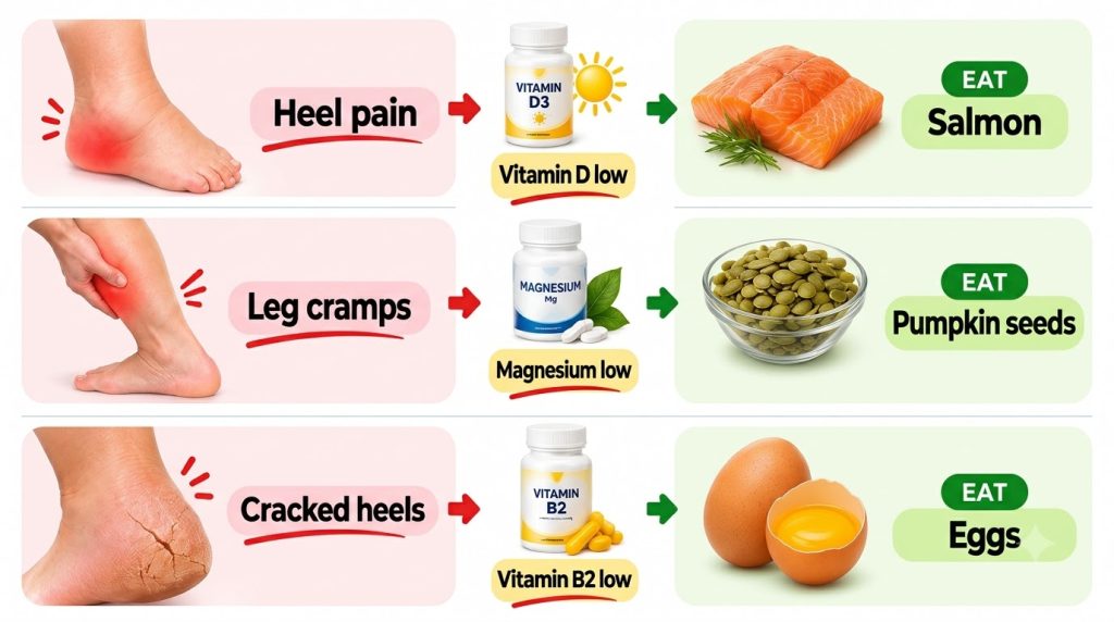 An infographic illustrating the connection between common physical ailments heel pain leg cramps cracked heels and nutri