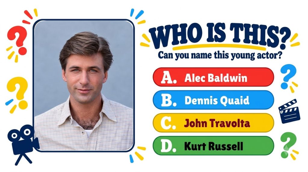 A quiz graphic titled WHO IS THIS featuring a central portrait of a young Alec Baldwin surrounded by question marks a fi