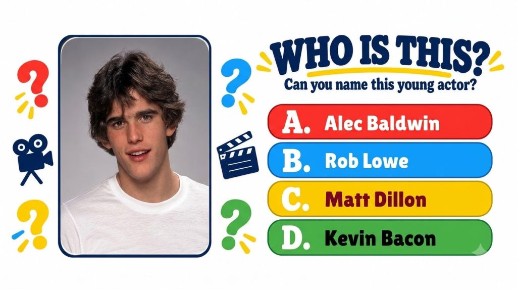 A vertical social media graphic featuring a young Matt Dillon for a Who Is This trivia game with multiple choice answers
